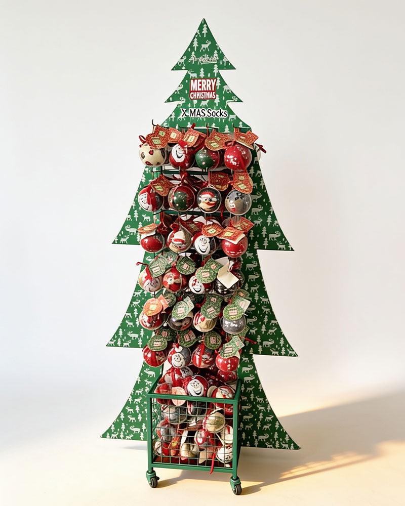 Weihnachtsdisplay in Tannenbaumform mit Geschenk- und Motivsocken