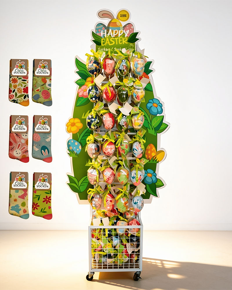 Osterdisplay mit Geschenk-Socken und dekorativen Ostereiern