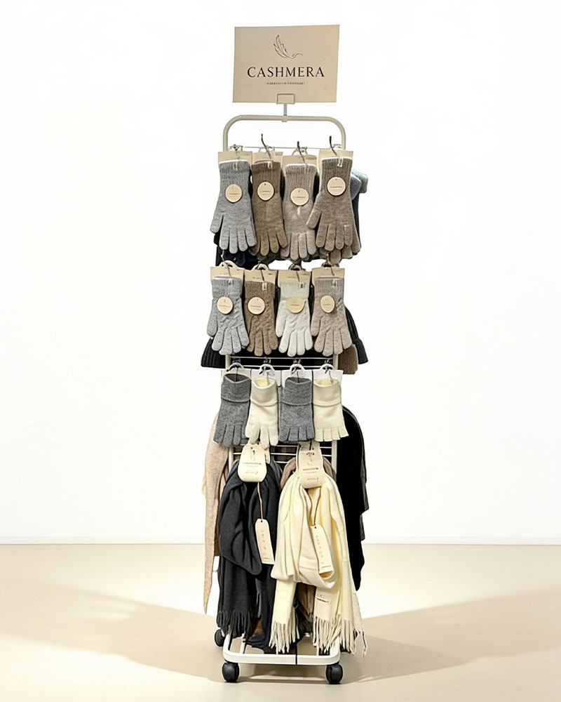 Cashmera Display mit Handschuhen und Schals in Creme, Grau und Schwarz