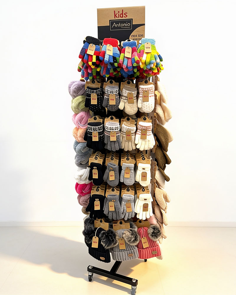 Winterdisplay mit bunten Handschuhen und Mützen für Kinder