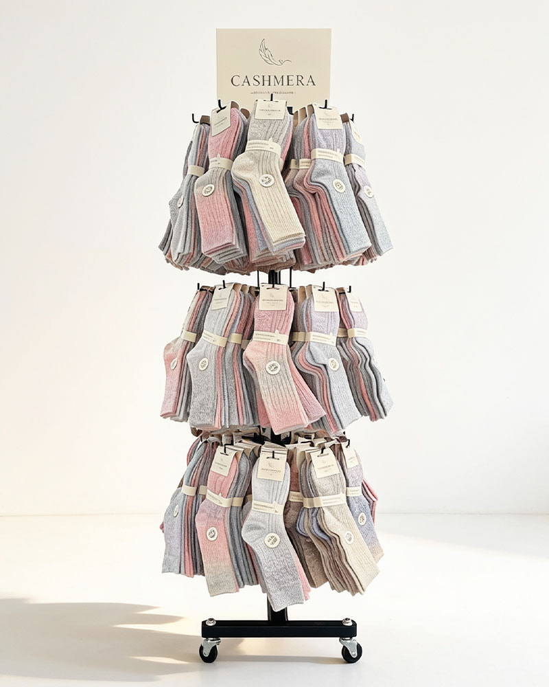 Cashmera Sockenständer mit weichen Wintersocken in Pastell- und Naturfarben