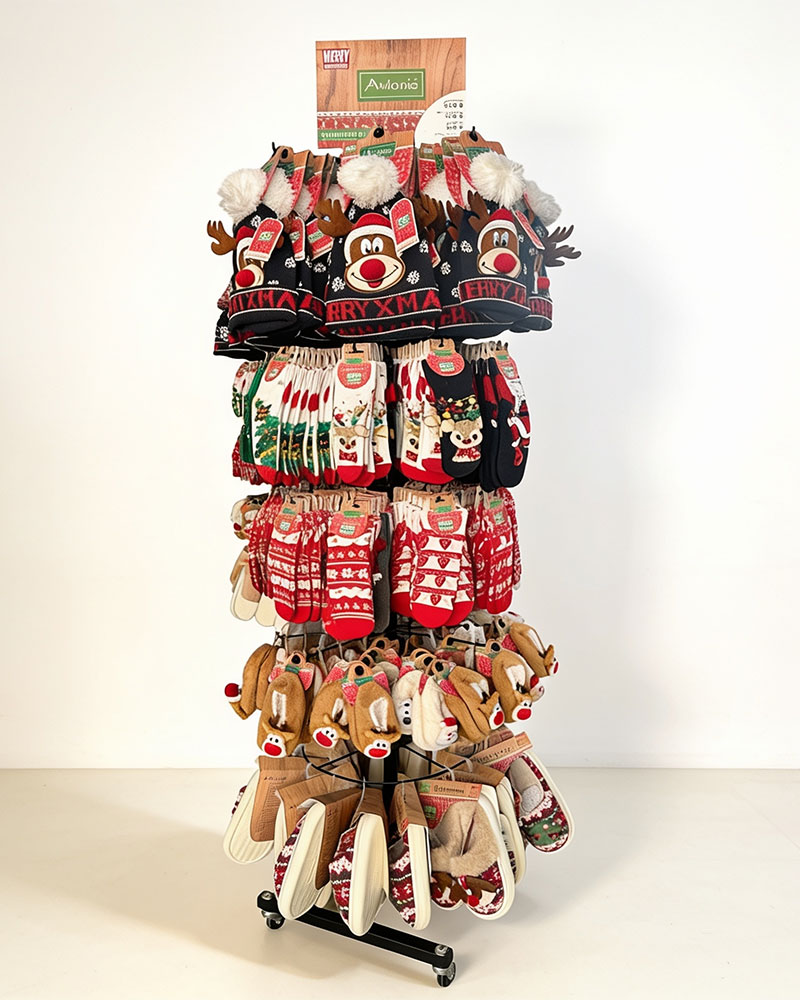 Weihnachtsdisplay mit Rentiermützen, Handschuhen und Wintersocken